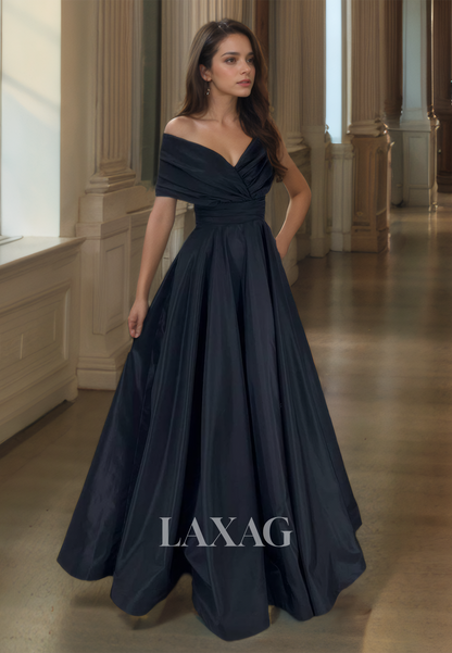 Simple V-Neck Sleeveless Off-Shoulder A-Line Prom Dress Pleated Floor-Length Satin Formal Gowns