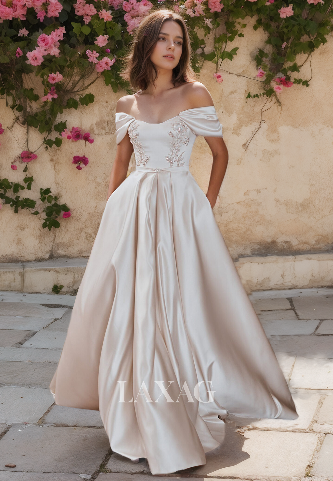 Off-Shoulder Sleeveless A-Line Boho Wedding Dress Floor-Length Beaded Pleated Satin Bridal Gowns