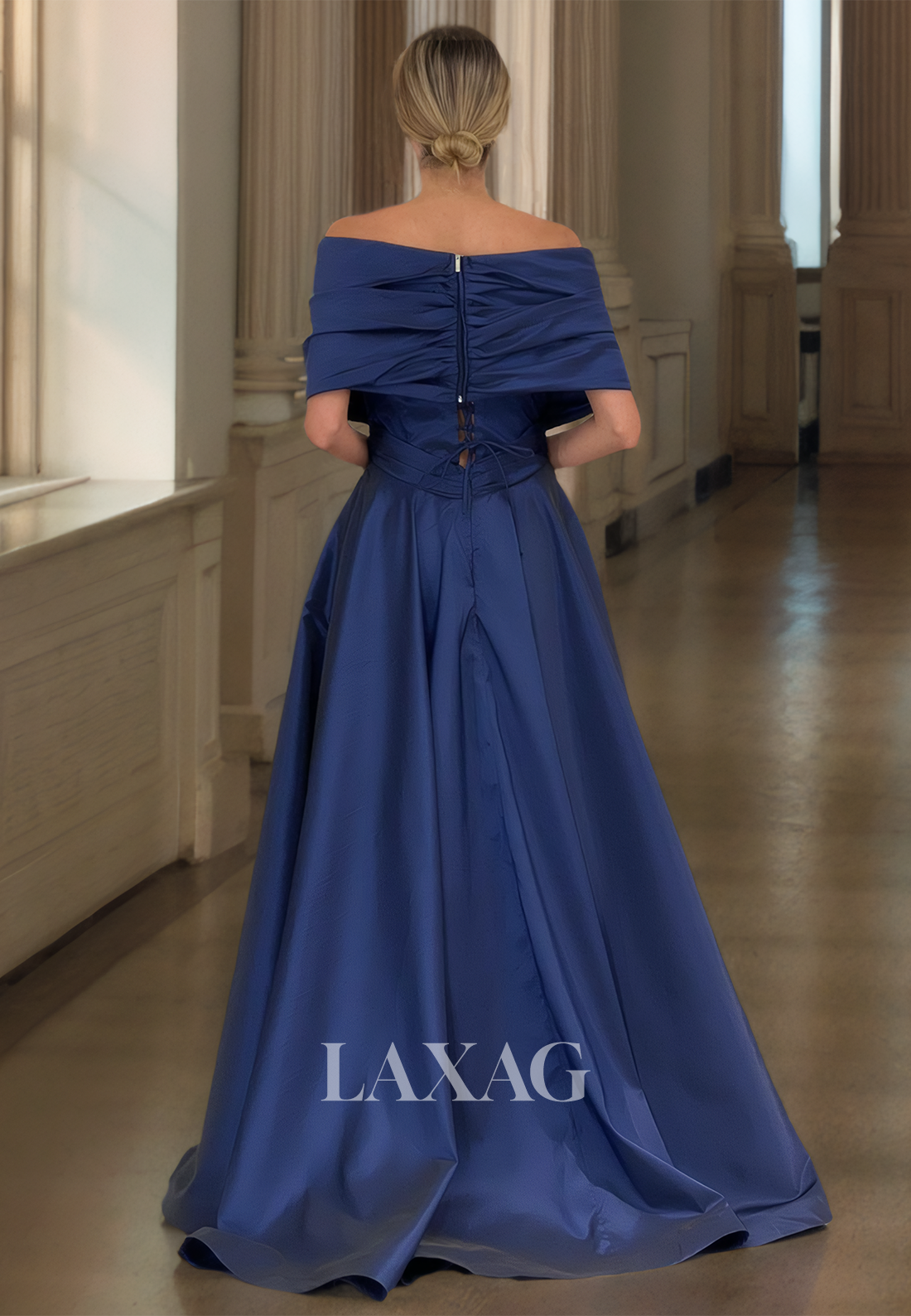 Simple V-Neck Sleeveless Off-Shoulder A-Line Prom Dress Pleated Floor-Length Satin Formal Gowns