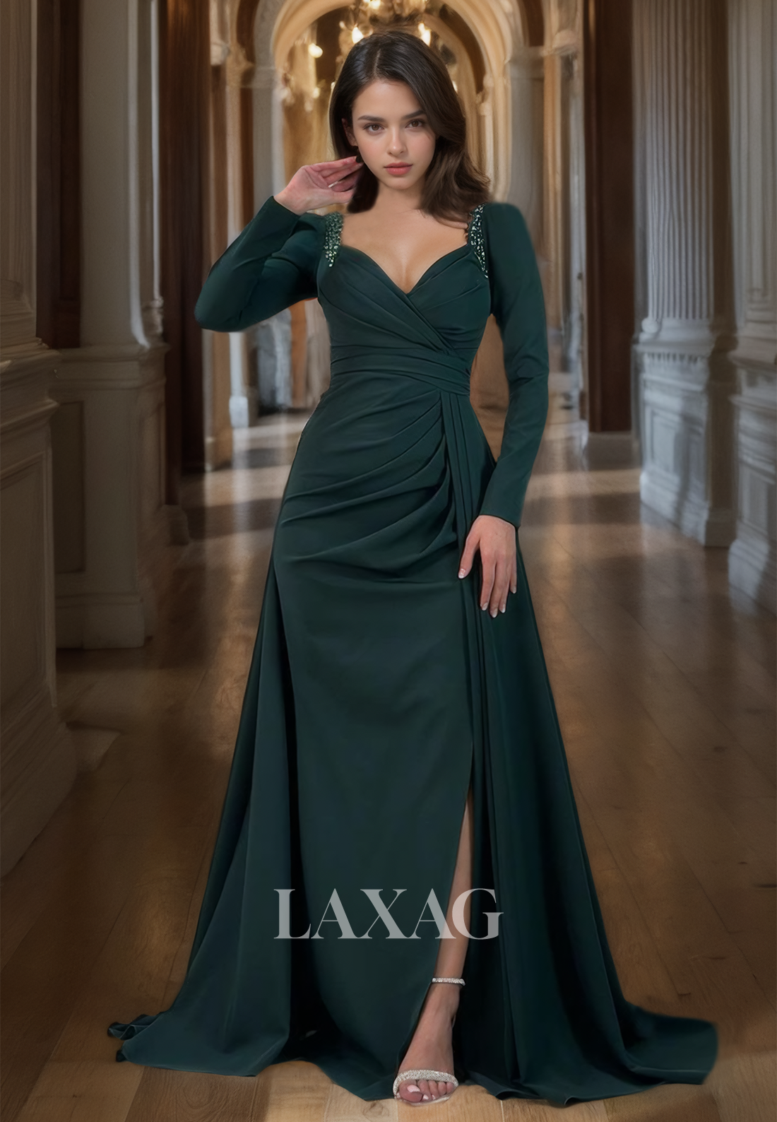 Sweetheart Long Sleeves Fitted Prom Dress Slit Pleated Satin Prom Dress with Beaded Formal Gowns