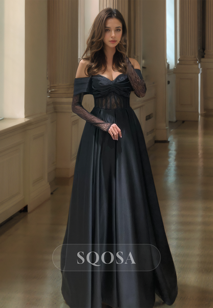 Pleated Sweetheart Lace Long-Sleeves Sheer Floor-Length Satin A-Line Formal Prom Dress