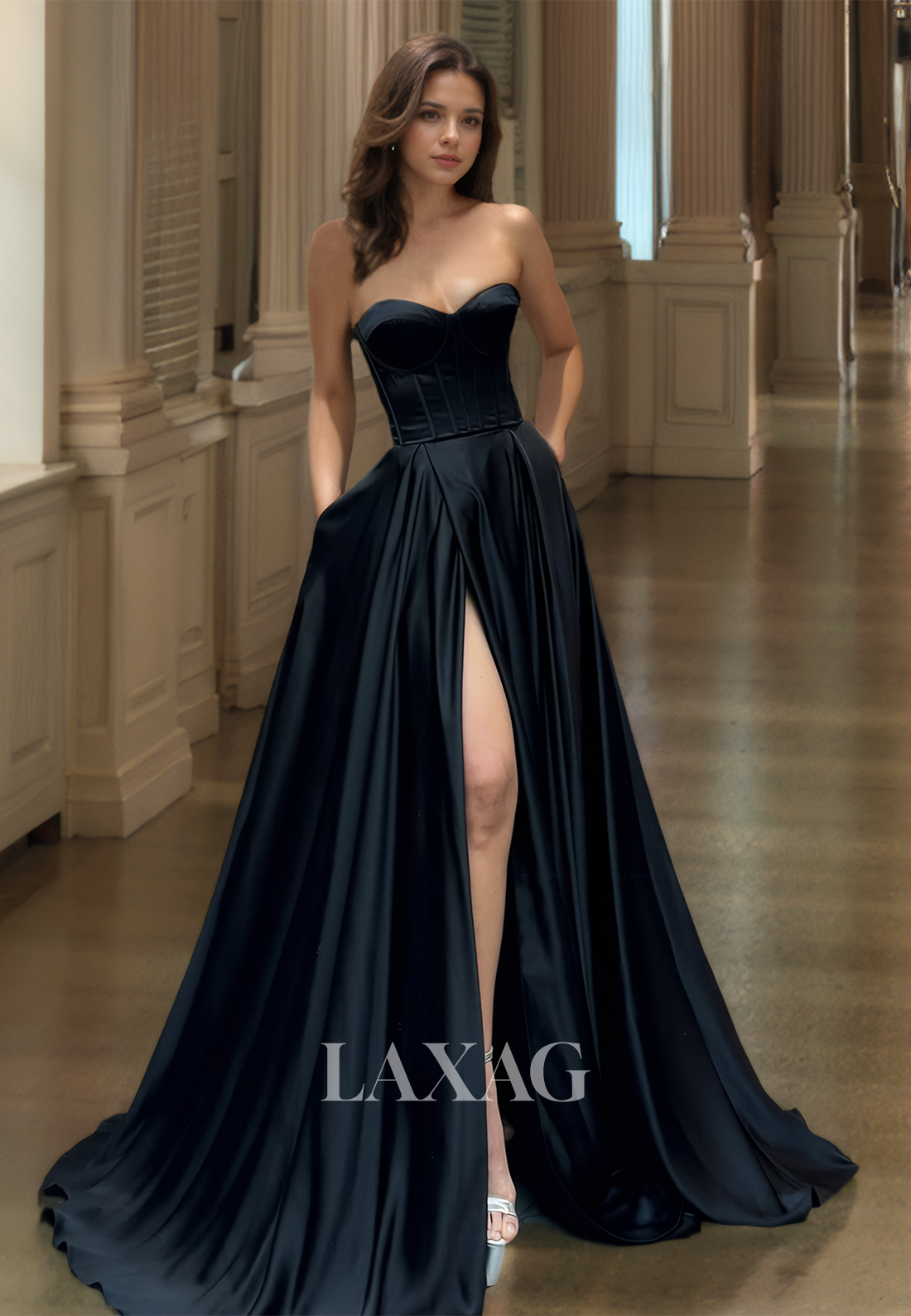 Simple Sweetheart Sleeveless Satin A-Line Prom Dress Strapless Pleaded High Slit Formal Gowns