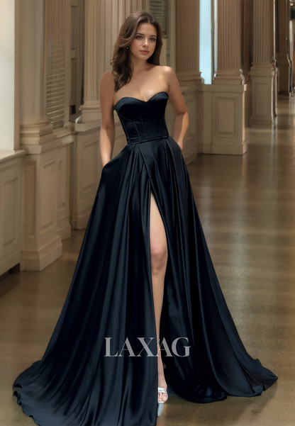 Simple Sweetheart Sleeveless Satin A-Line Prom Dress Strapless Pleaded High Slit Formal Gowns