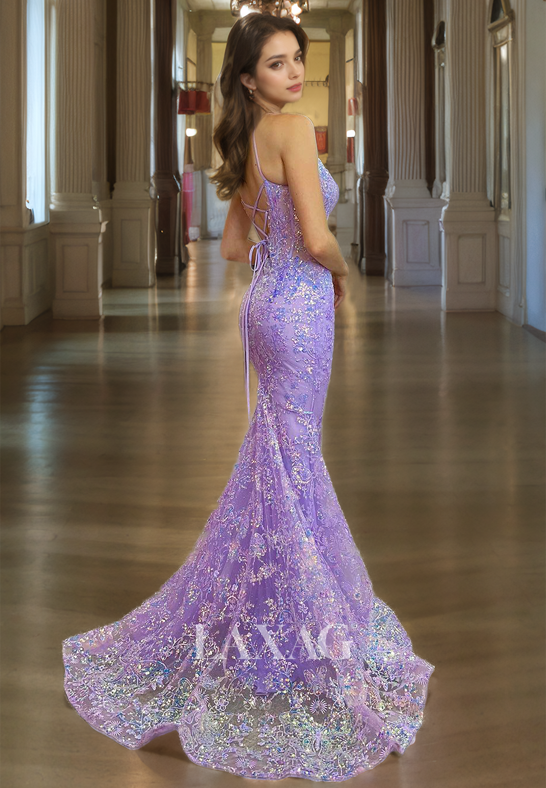 Sweetheart Off-Shoulder Spaghetti Straps Sleeveless Beaded Glitter-Knit Lace Mermaid Prom Dress with Sweep Train