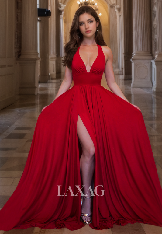 A-line Red Long Prom Dress Low-V-Neck Backless Halter Evening Dress with Slit