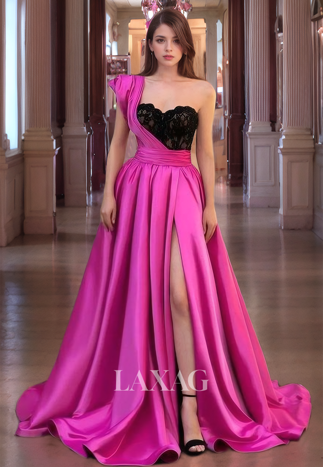 One Shoulder High Slit Hot Pink Party Dress A-LIine Sweetheart Strapless Prom Dress