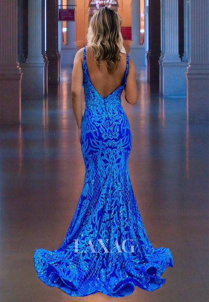 Trumpet&Mermaid Prom Dress V-Neck Spaghetti Straps Open Back Blue Party Dress