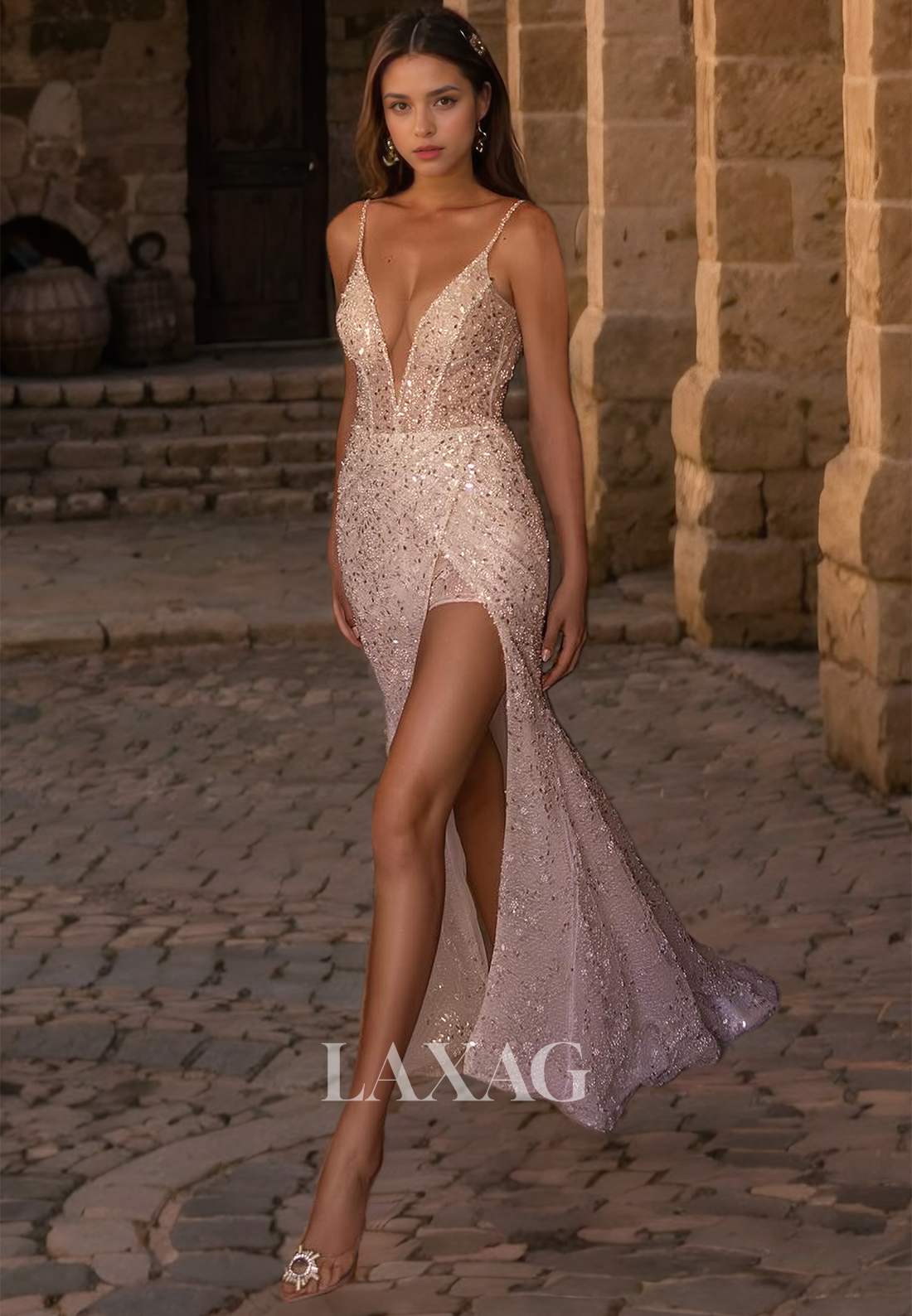 V-Neck Sleeveless Open Back Sequin Lace Sheath&Column Wedding Dress