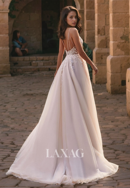 Fairytale V-Neck Chapel Train A-Line Tulle Appique Open Back Beach Wedding Dress