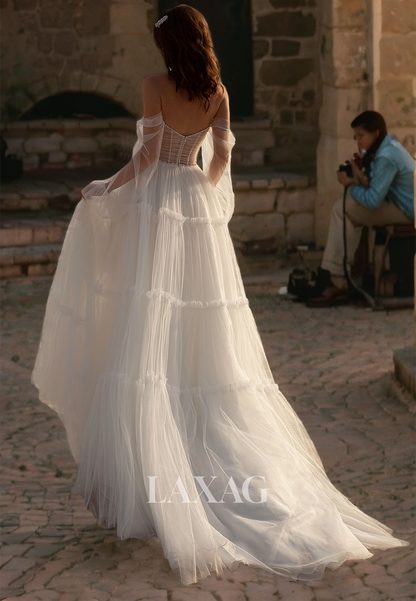 A-Line Sweetheart Long Sleeves Boho Wedding Dress Cutout Tulle Beaded Slit with Train Beach Gowns