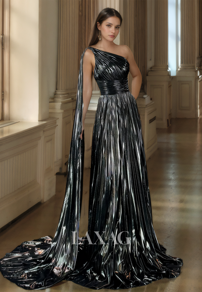 Asymmetrical-Neck One-Strap Pleated Party Gowns Sweep Train Glitter Metallic A-Line Prom Dress