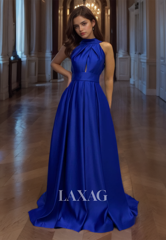 Halter-Neck Sleeveless Satin Formal Gowns Off-Shoulder Pleated Cutout A-Line Prom Dress