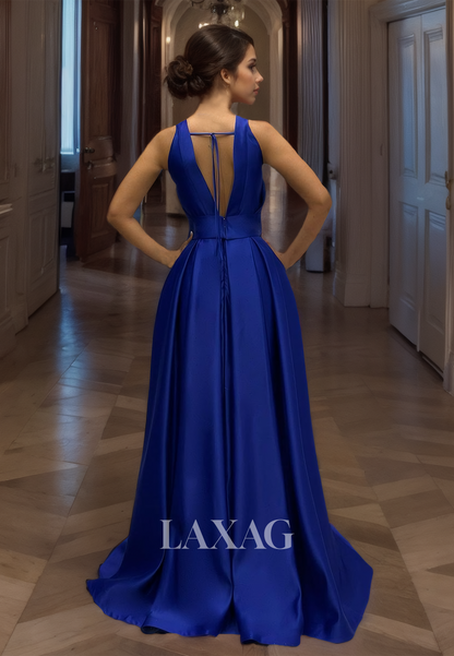 Halter-Neck Sleeveless Satin Formal Gowns Off-Shoulder Pleated Cutout A-Line Prom Dress