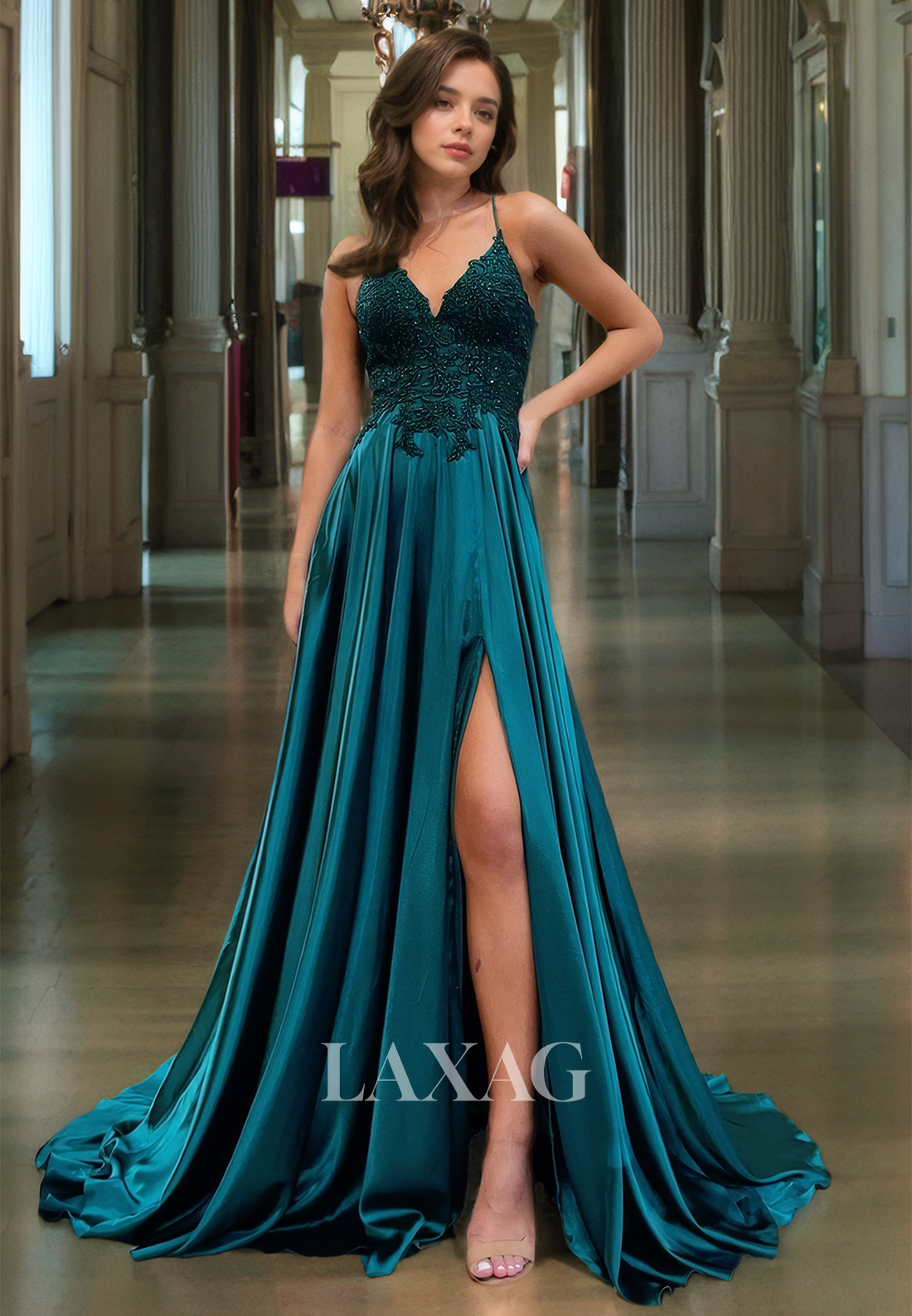 Royal Blue Formal Long Dress A-Line V-Neck Appique Top High Slit Prom Dress