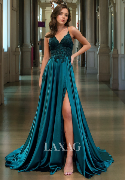 Royal Blue Formal Long Dress A-Line V-Neck Appique Top High Slit Prom Dress