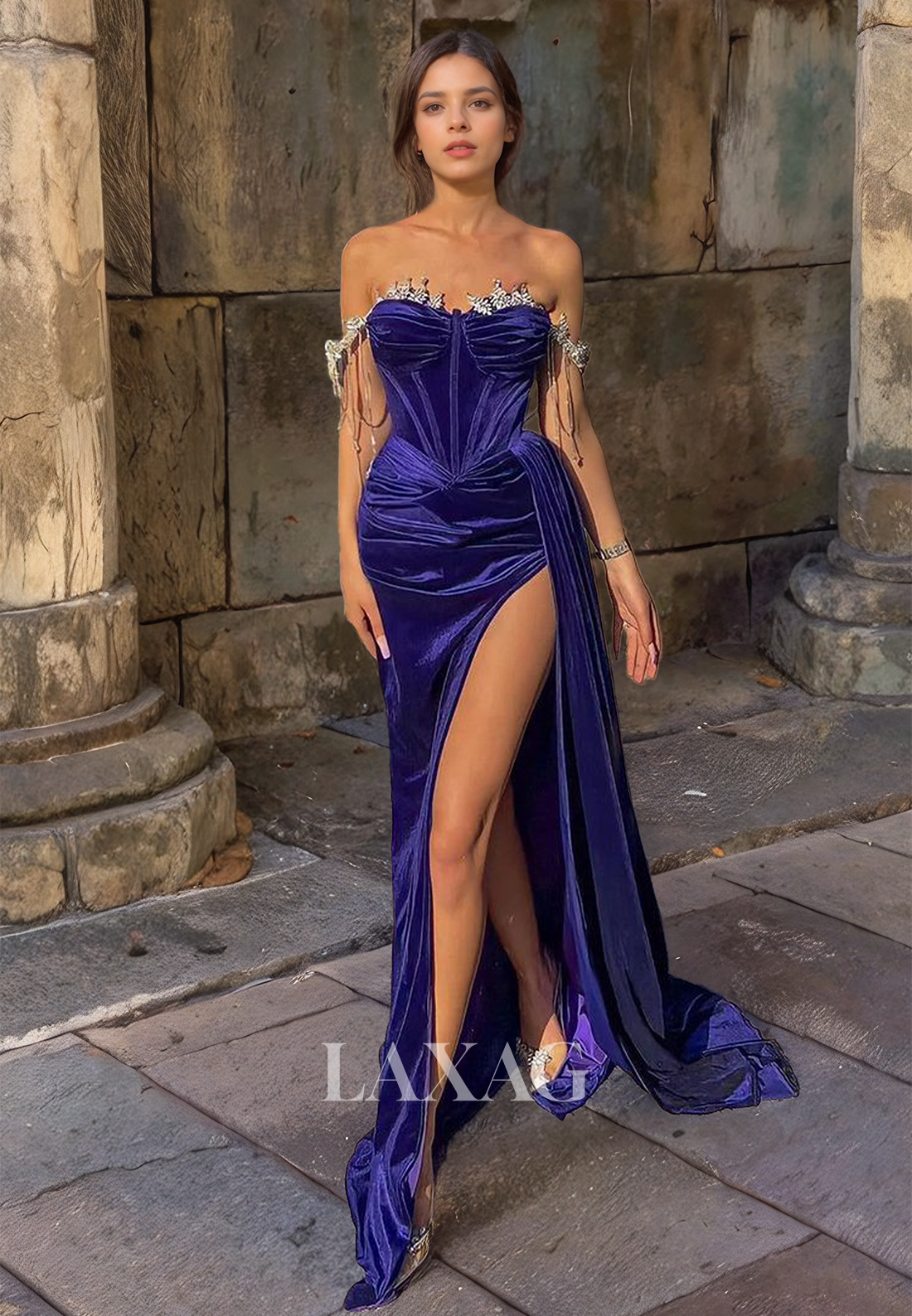 Sweetheart  Formal Party Dress Off Shoulder Velvet Regency High Slit Sheath&Column Long Prom Dress