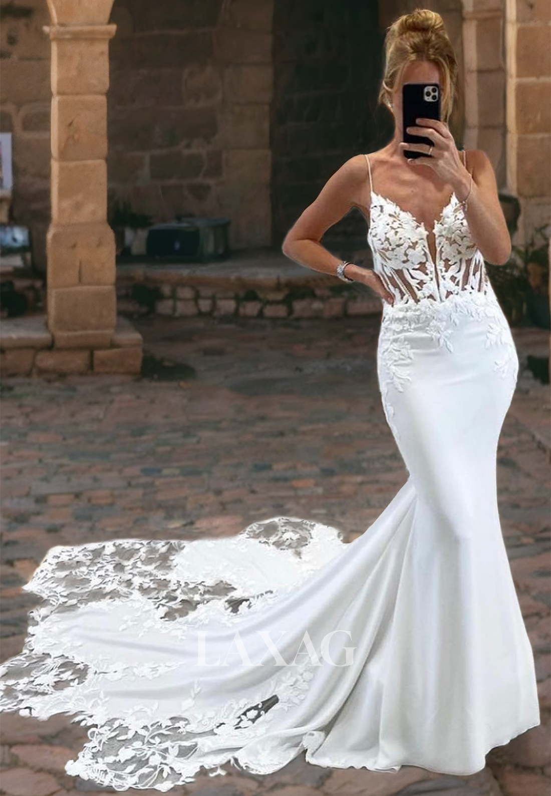 Trumpet&Mermaid Applique Top Satin Cathedral Train Sleeveless V-Neck  Wedding Dress