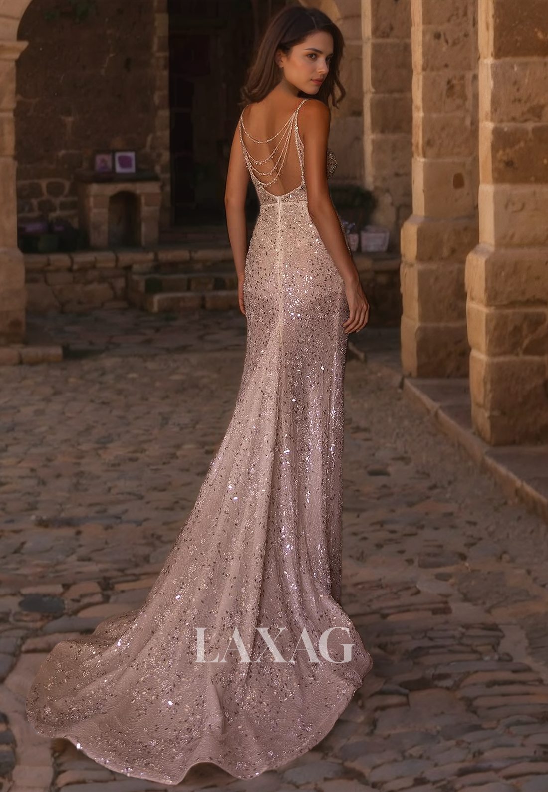 V-Neck Sleeveless Open Back Sequin Lace Sheath&Column Wedding Dress