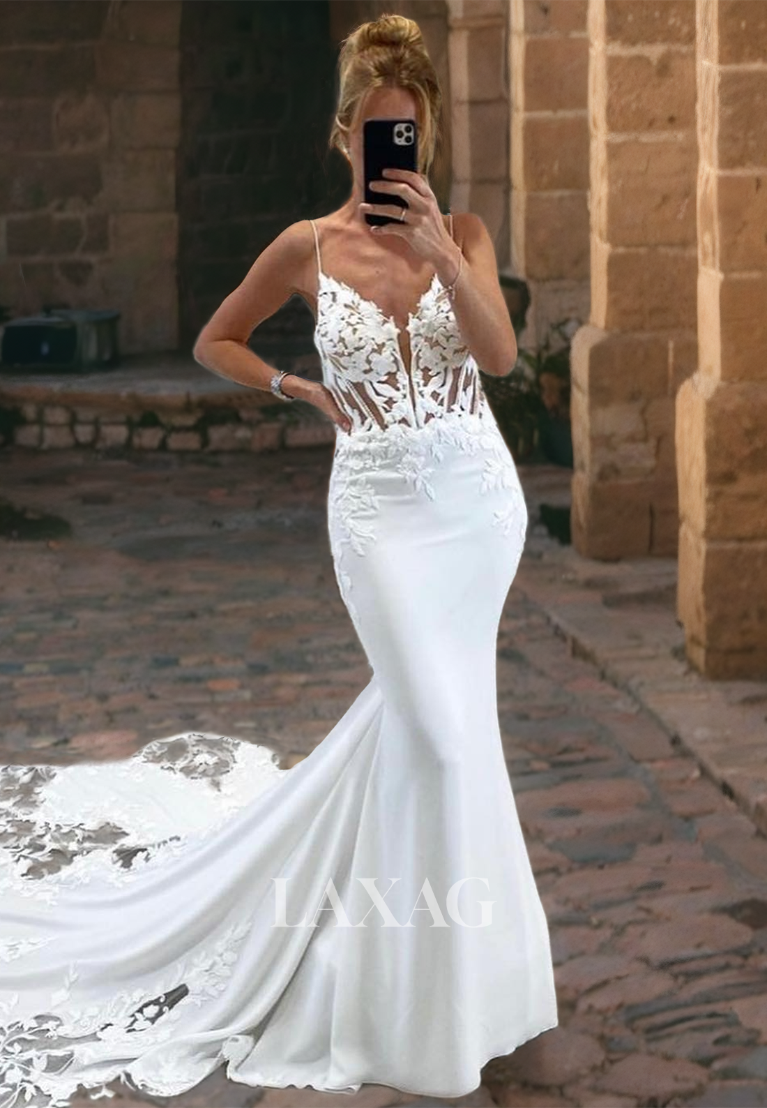 Trumpet&Mermaid Applique Top Satin Cathedral Train Sleeveless V-Neck  Wedding Dress