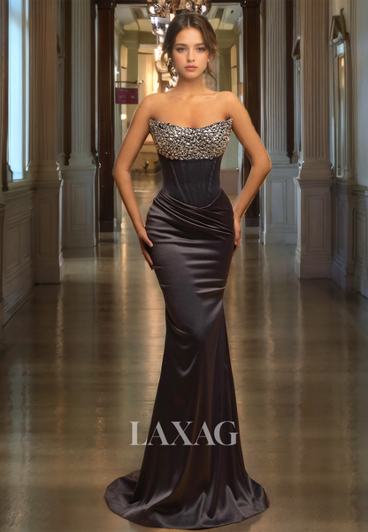 Strapless Sweetheart Beads Sheath&Column Black Long Formal Prom Dress