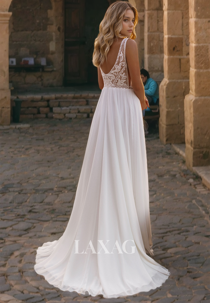 Boho V-Neck  Sleeveless A-Line Applique Satin Beach Wedding Dress Sweep Train