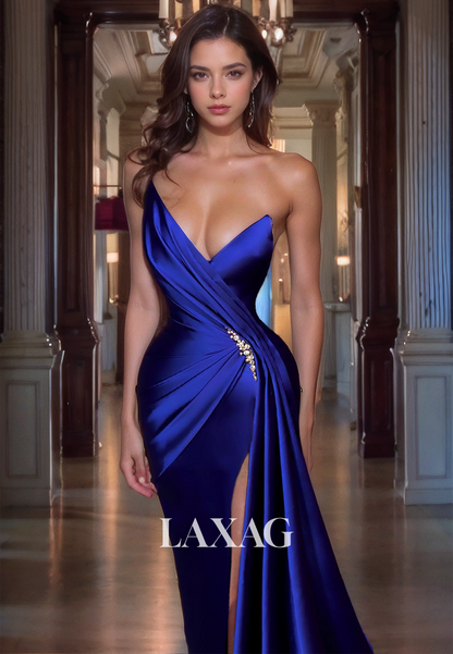 Strapless Beaded High Slit Sleek Satin Party Prom Formal Evening Dress with Train