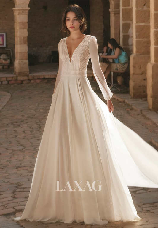 Princess Chathedral Train Tulle V-Neck  A-Line Long Sleeves Wedding Dress