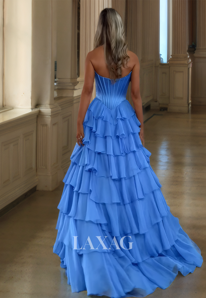 Sweetheart Sleeveless Chiffon A-Line Prom Dress Beaded Pleated Tiered Formal Gowns with Train