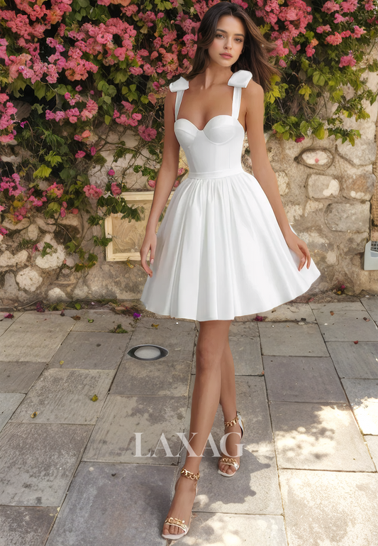 Sweetheart Bows Straps Wedding Dress A-Line Sleeveless Satin Boho Short Wedding Gowns