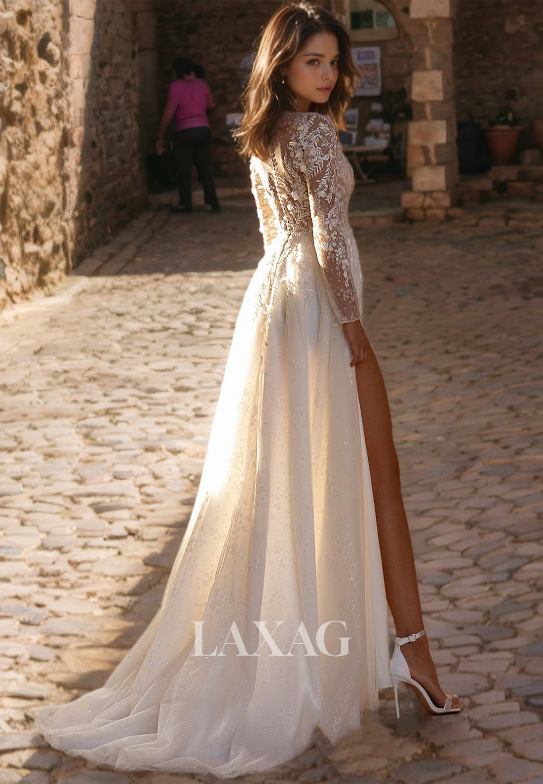 Boho Long Sleeves V-Neck Lace Organza A-Line Beach Wedding Dress