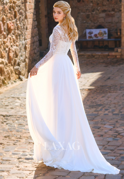 Boho V-Neck Sweep Train  A-Line Applique Satin Beach Long Sleeves Wedding Dress