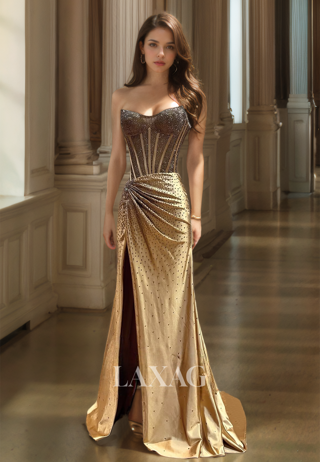 Scoop-Neck Sleeveless Pleated Mermaid Prom Dress Blouson Fully Beaded High Slit Evening Gowns