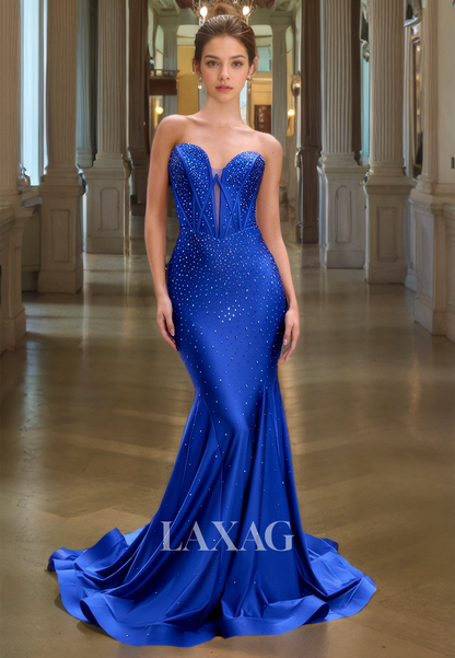 Sleeveless Sweetheart Satin Mermaid Prom Dress Beaded Pleated Cutout Formal Gowns with Train