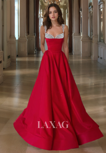 Sweetheart Straps with Beaded Party Dress Sleeveless A-Line Train Satin Formal Prom Dress