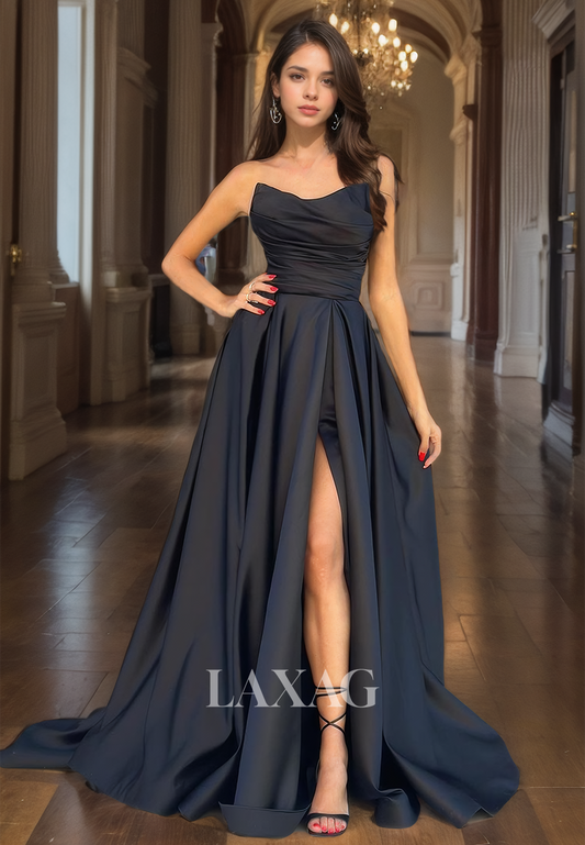 A-Line Strapless Pleated Satin Formal Dress Sleeveless High Split with Sweep Train Prom Dress