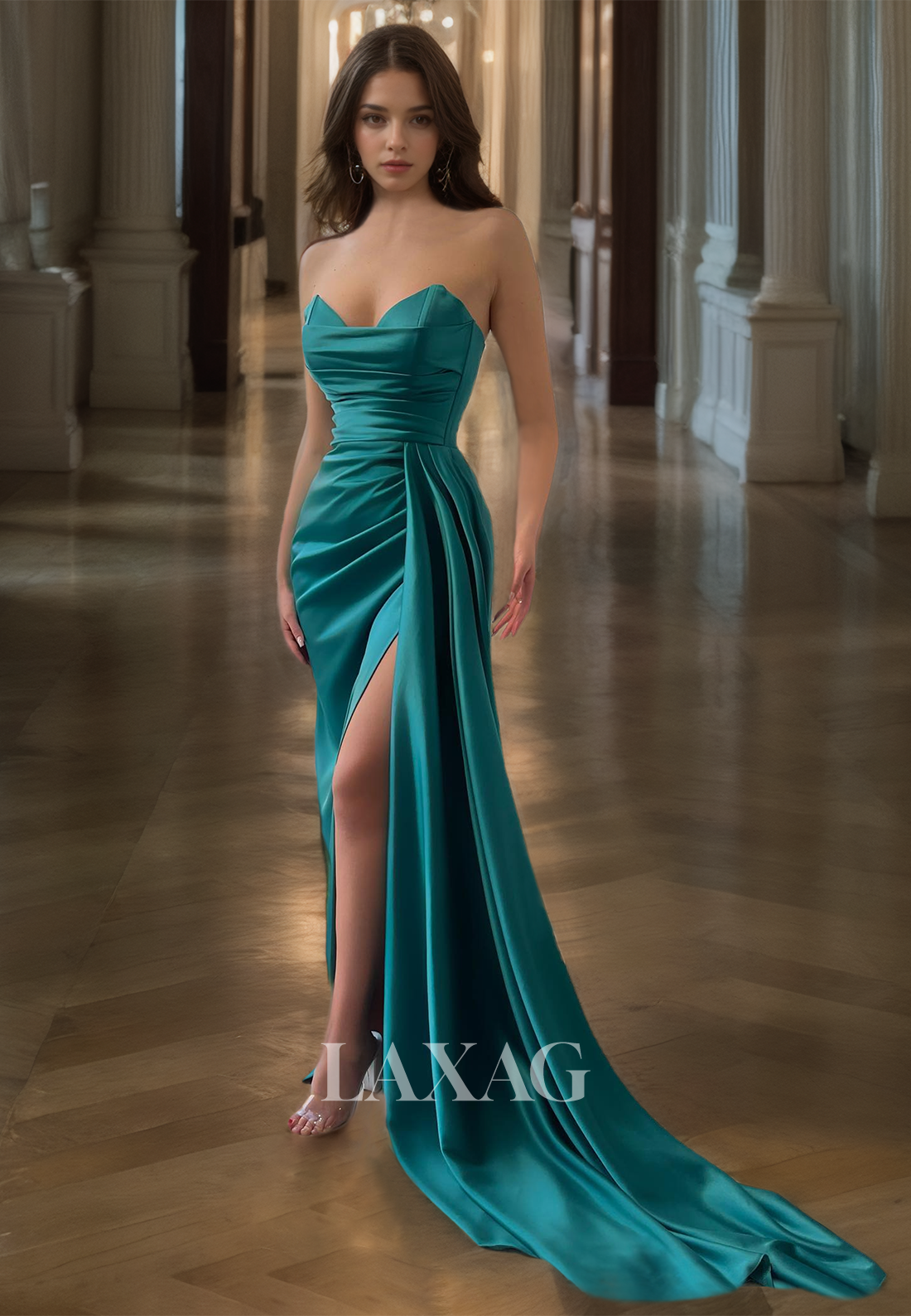 Strapless Sweetheart Sheath&Column High Slit Pleated Satin Evening Prom Dress