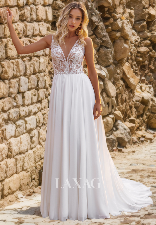 Boho V-Neck  Sleeveless A-Line Applique Satin Beach Wedding Dress Sweep Train