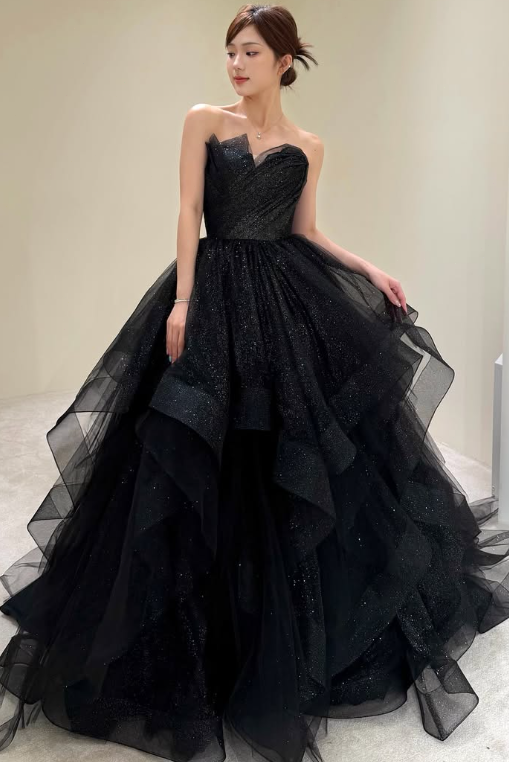 A-Line Sweetheart Off-Shoulder Sleeveless Glitter-Tulle Pleated Tiered Prom Dress with Train