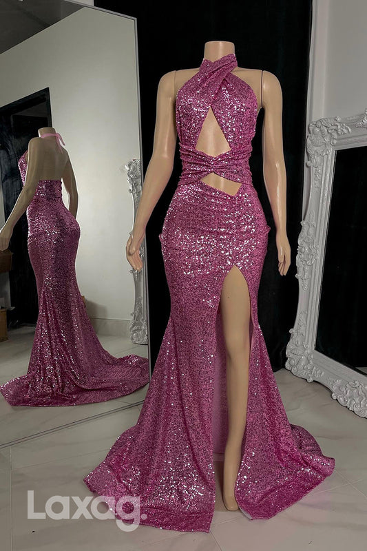 22472 - Halter Backless Fully Sequins High Slit Mermaid Prom Dresses for Black Girl Slay