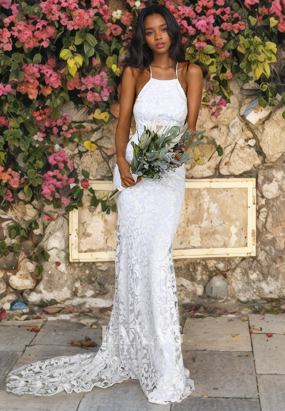 Halter Backless Lace Appliques Sleek Satin Mermaid Wedding Dress with Train