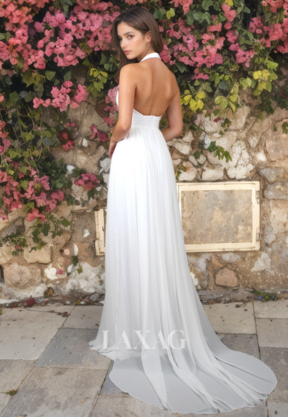 Halter Low V-Neck Backless High Slit Chiffon Elegant Wedding Dress with Train