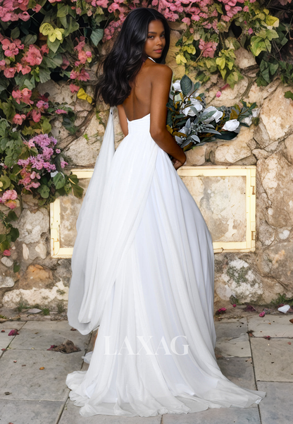 Halter Low V-Neck Backless High Slit Chiffon Elegant Wedding Dress with Train