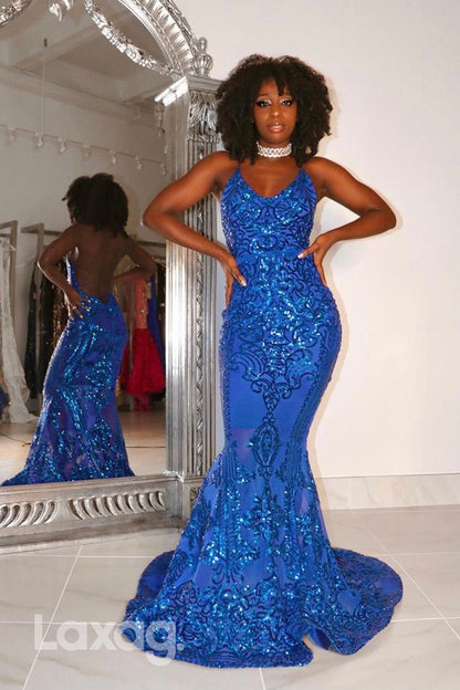 22465 - Halter backless Appliques Sequins Mermaid Prom Dresses for Black Girl Slay