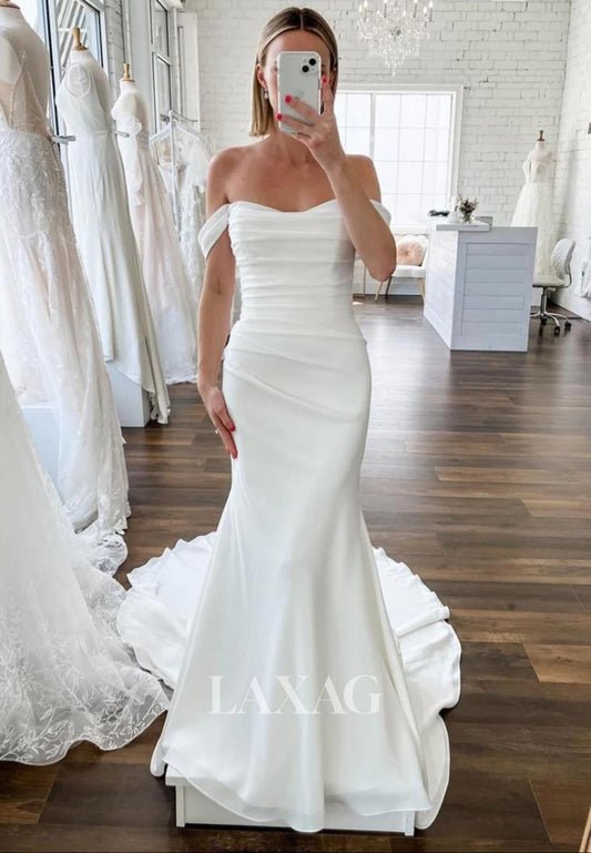 Off-Shoulder Sleeveless Sweetheart Pleated Satin Mermaid Wedding Dress with Sweep Train