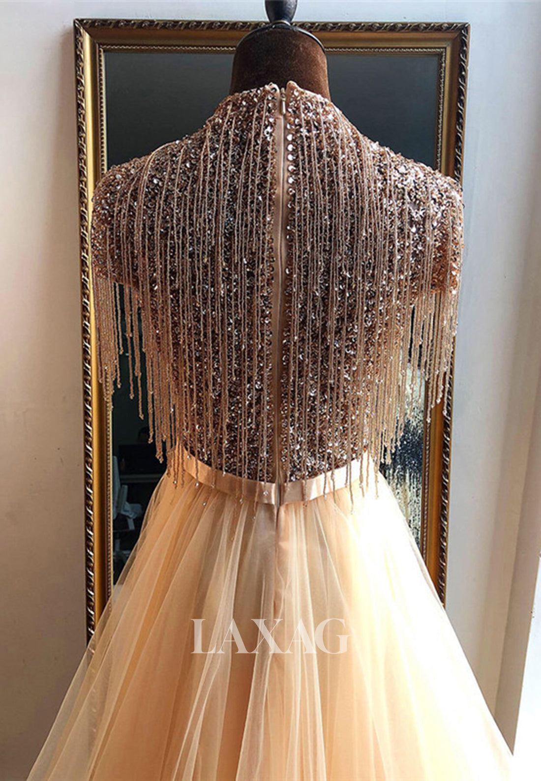 Unique High-Neck Cap-Sleeves Sequins Beaded Pleated Tulle A-Line Formal Evening Dress