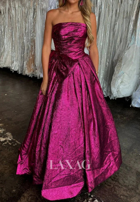 Tube Top Off-Shoulder Sleeveless Pleated Party Gowns Metallic Satin A-Line Prom Dress with Big Bow