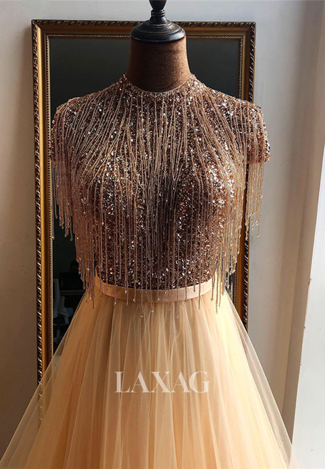 Unique High-Neck Cap-Sleeves Sequins Beaded Pleated Tulle A-Line Formal Evening Dress