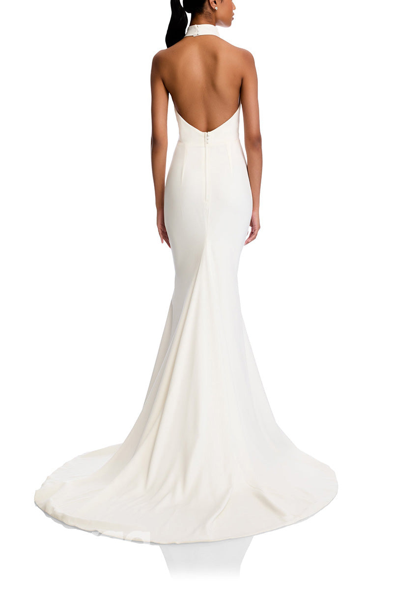 22944 - High-Neck Backless Sleek Satin Elegant Mermaid Wedding Dress with Train