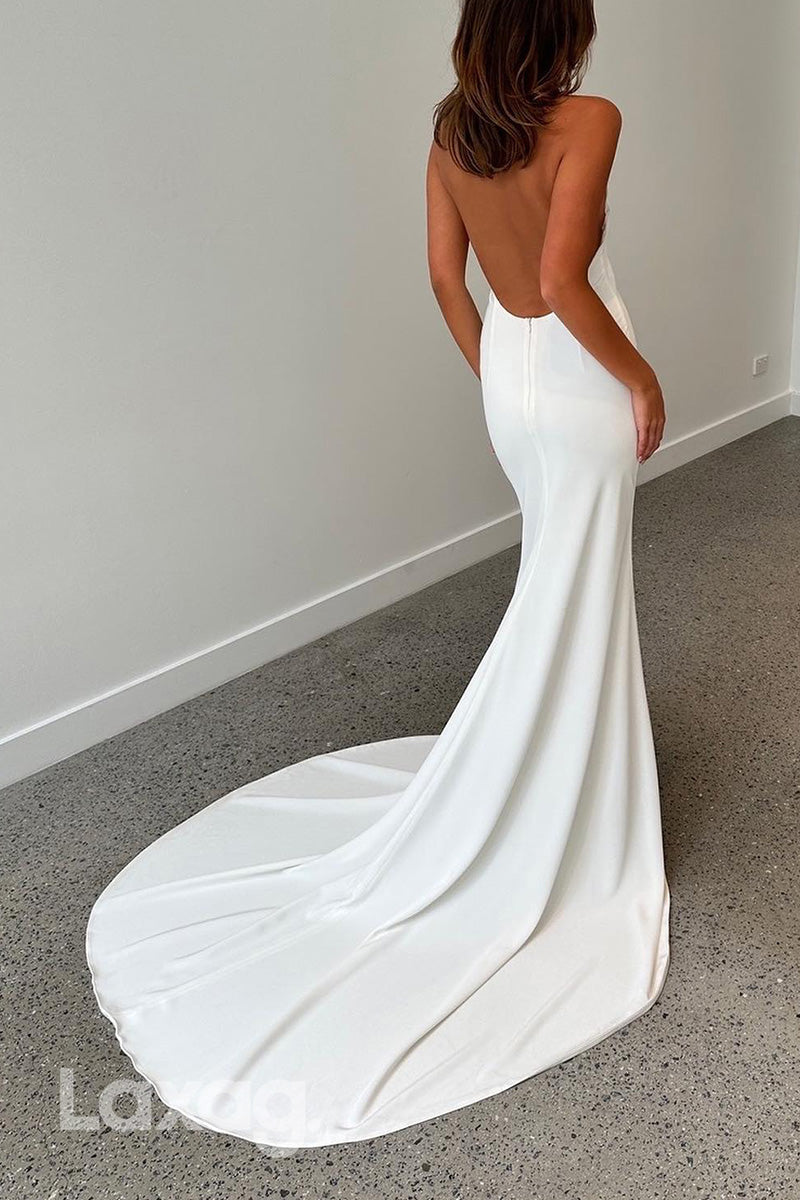 22945 - High-Neck Backless Sleek Satin Elegant Mermaid Wedding Dress with Train