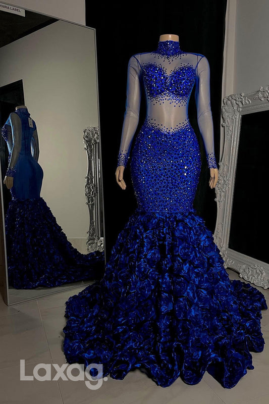 22576 - High-Neck Long Sleeves Beaded illusion Appliques Mermaid Prom Dresses for Black Girl Slay